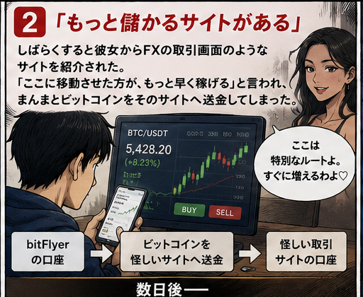 もっと儲かるサイトがあると誘導される場面の漫画