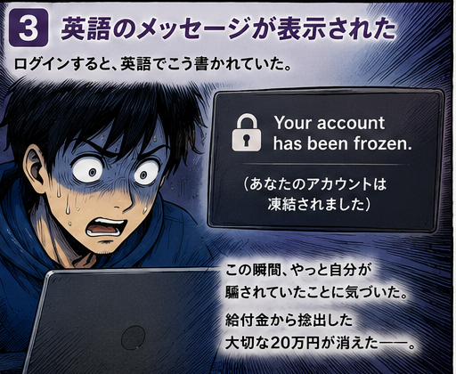 Your account has been frozenと表示された場面の漫画