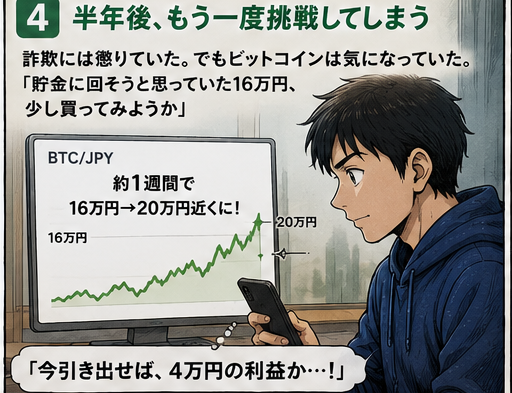 半年後、再びビットコインを購入してしまう場面の漫画