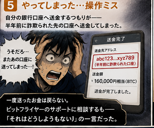 操作ミスで詐欺先の口座へ送金してしまう場面の漫画