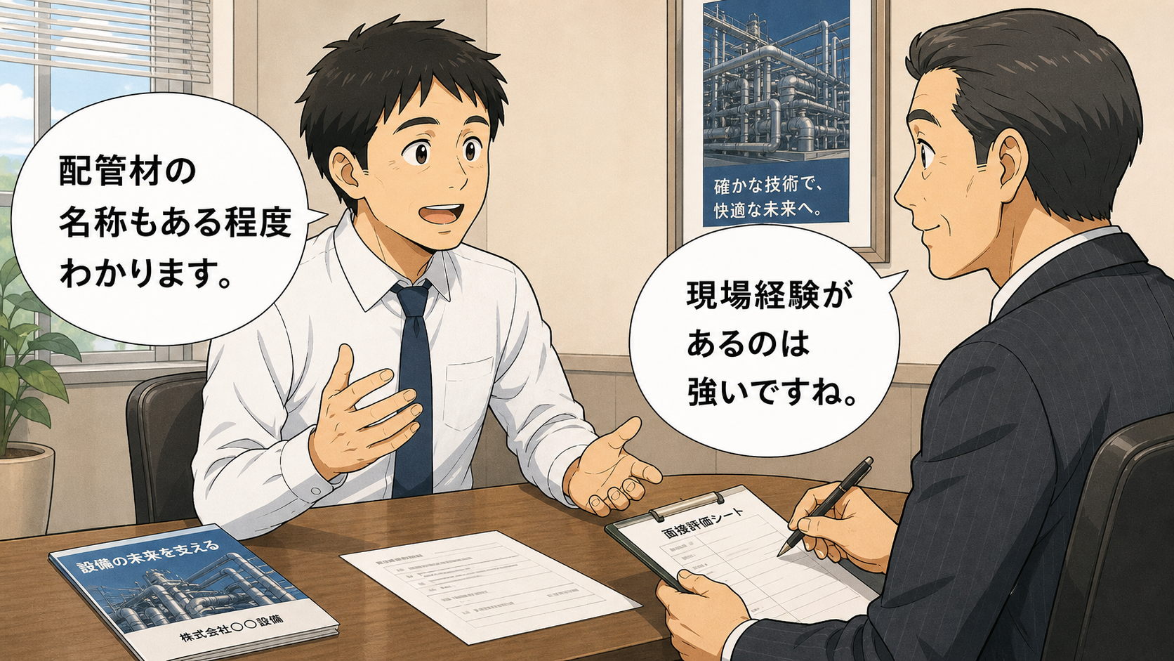 設備会社の面接で現場経験を話す主人公