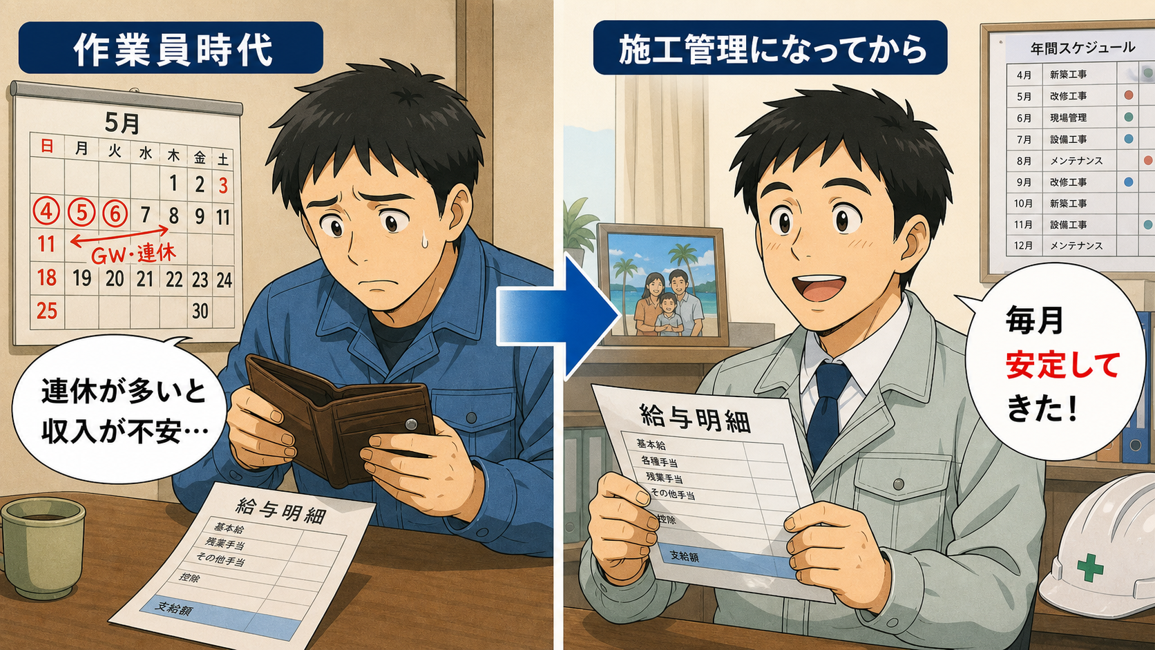 作業員時代と施工管理になってからの収入安定の違い