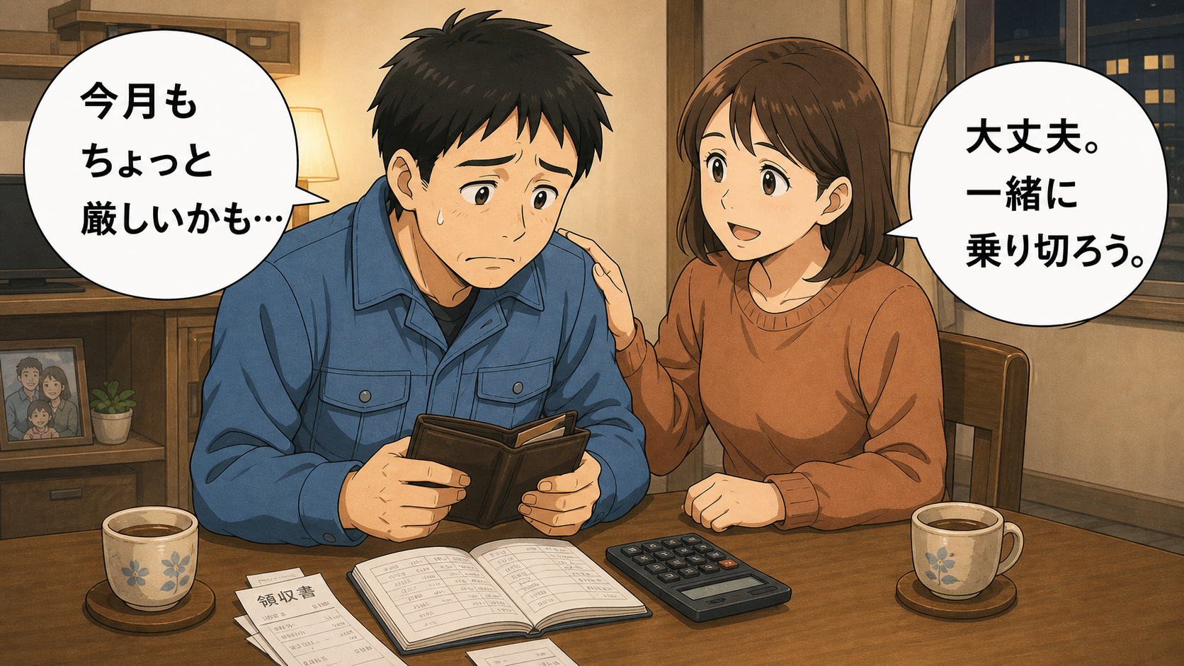 給料日前に財布を見て悩む主人公を妻が励ます場面
