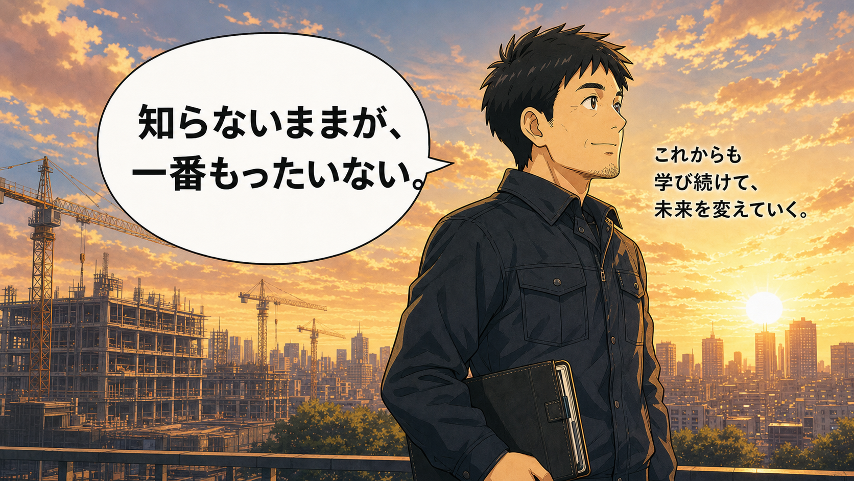 夕焼けの街を見ながら知識が武器になると実感する主人公